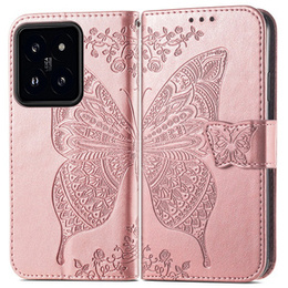 Klapkové puzdro pre Xiaomi 14T Pro, Butterfly, ružové rose gold