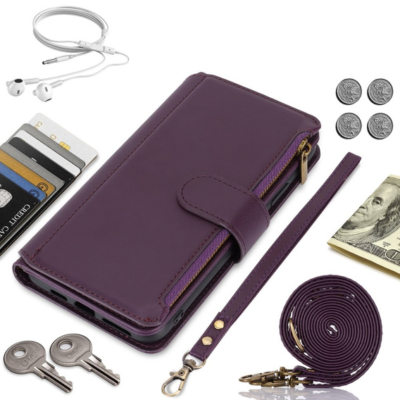 Klapkové puzdro pre Samsung Galaxy S24 Ultra, Wallet Zipper Pocket RFID, s popruhom cez rameno, čierne