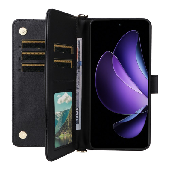 Puzdro s chlopňou pre Oppo Reno 13F 5G, Crossbody Leather Wallet, čierne