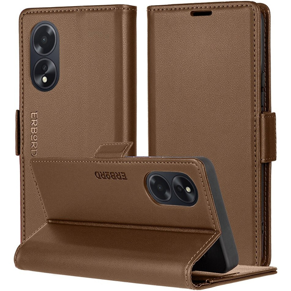 Puzdro pre Oppo A60, ERBORD Glossy Litchi, flipová peňaženka, hnedé