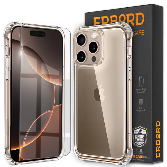 Puzdro pre iPhone 16 Pro, Erbord Dropproof, priehľadné + sklo