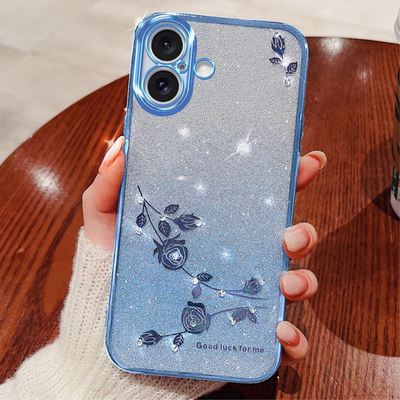 Puzdro pre iPhone 16 Plus, Glitter Flower, modré