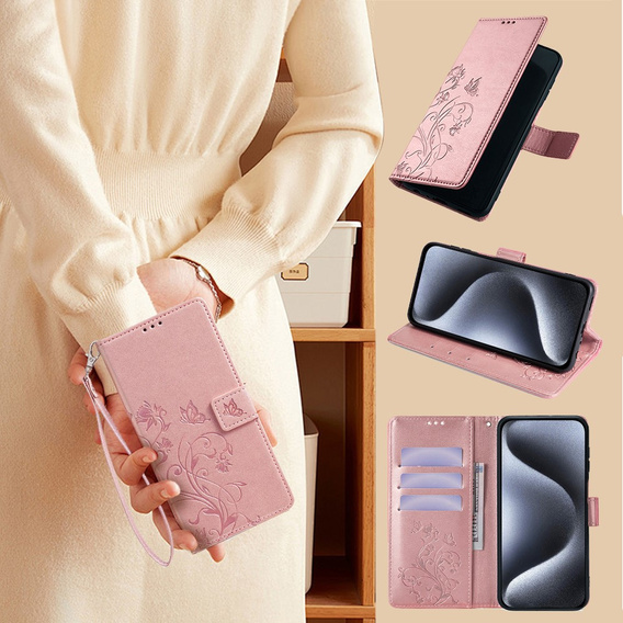 Klapkové puzdro pre Motorola Moto E14, Butterfly, ružové rose gold