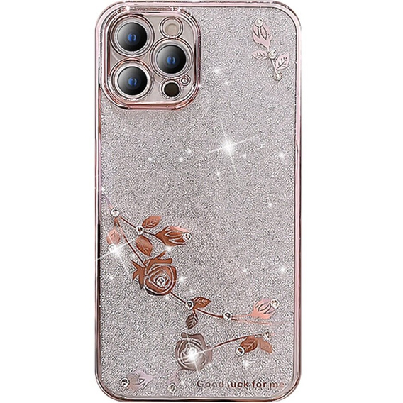 Puzdro pre iPhone 13 Pro, Glitter Flower, ružové rose gold