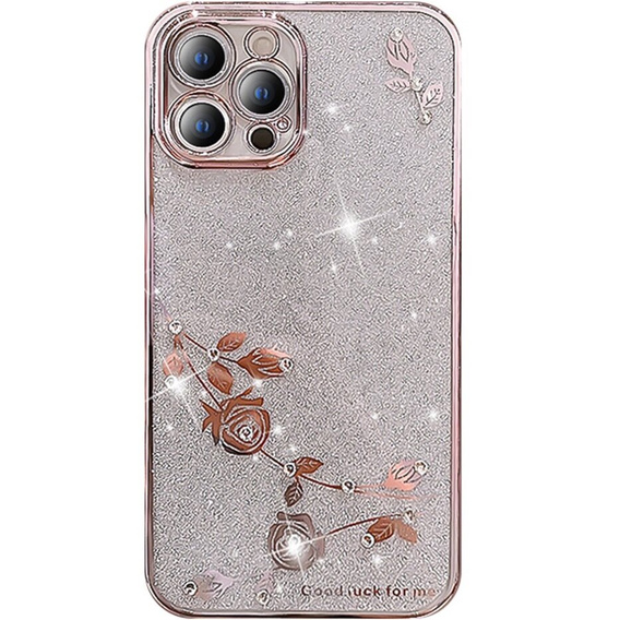 Puzdro pre iPhone 13 Pro Max, Glitter Flower, ružové rose gold