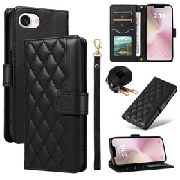 Puzdro s chlopňou pre iPhone 16E, Rhombus Crossbody Leather, čierne