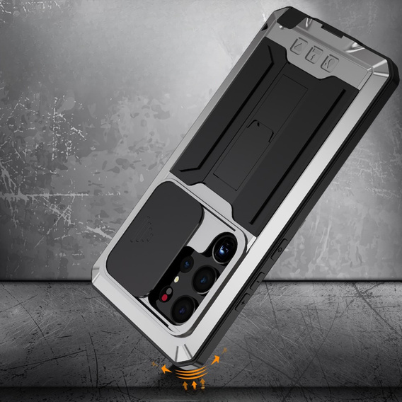 Obrnené puzdro pre Samsung Galaxy S23 Ultra, R-JUST CamShield Slide, strieborné
