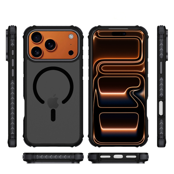 Matné puzdro pre iPhone 17 Pro, pancierované, pre MagSafe, dymové s čiernymi stranami