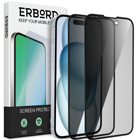 2x tvrdené sklo na ochranu súkromia pre iPhone 15 Plus, ERBORD Anti-Spy