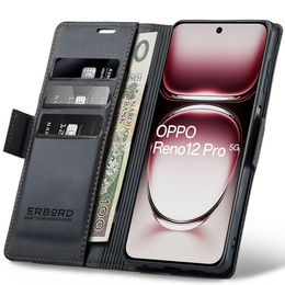 Puzdro pre Oppo Reno 12 Pro, ERBORD Glossy Litchi, flipová peňaženka, čierne