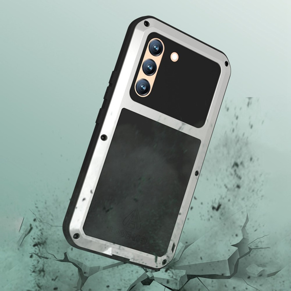 Love Mei Obal na mobil pre Samsung Galaxy S22, armored with glass, strieborné