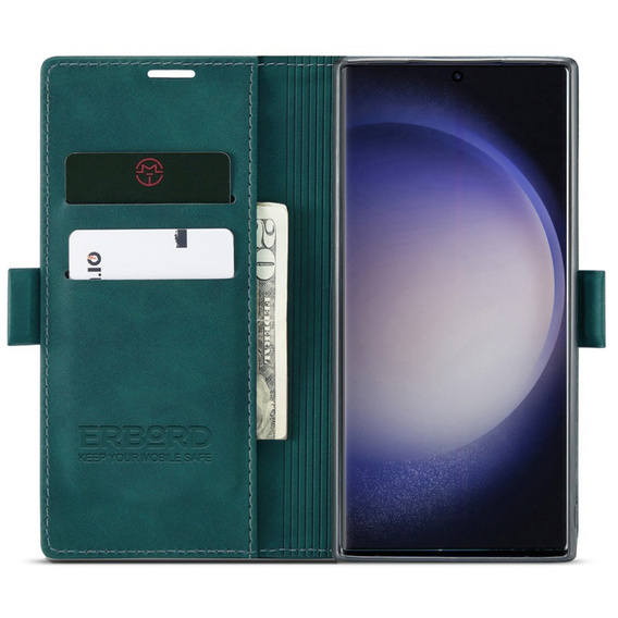 Puzdro pre Samsung Galaxy S23 Ultra, ERBORD Vintage, peňaženka s chlopňou, zelený