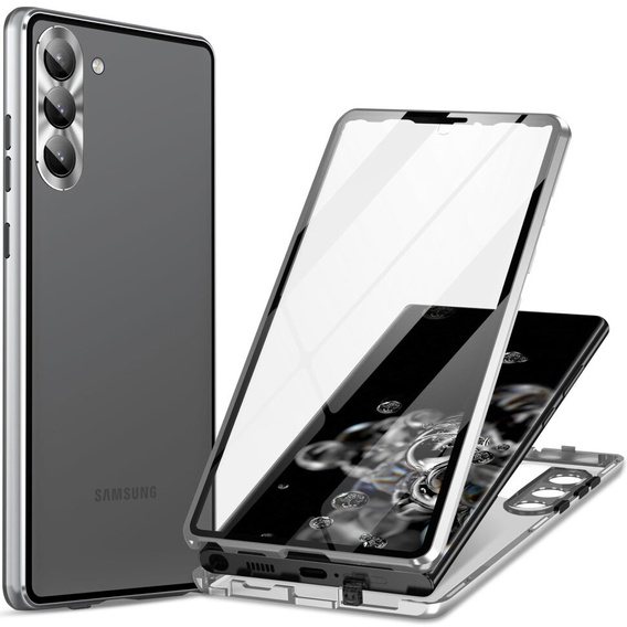 Puzdro pre Samsung Galaxy S24, Magnetic Dual Glass, strieborné