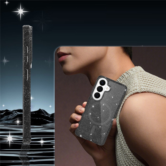 Tvrdené puzdro s leskom, pre MagSafe pre Samsung Galaxy S26 Plus, priehľadné/čierne