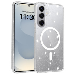 Tvrdené puzdro s trblietkami, pre MagSafe pre Samsung Galaxy S26 Plus, priehľadné