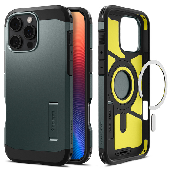 Puzdro Spigen pre iPhone 16 Pro, Tough Armor Mag MagSafe, zelený + tvrdené sklo 9H