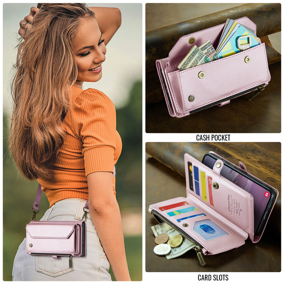 Puzdro CASEME pre Samsung Galaxy S25 FE, RFID Leather Wallet, s popruhom cez rameno, ružové