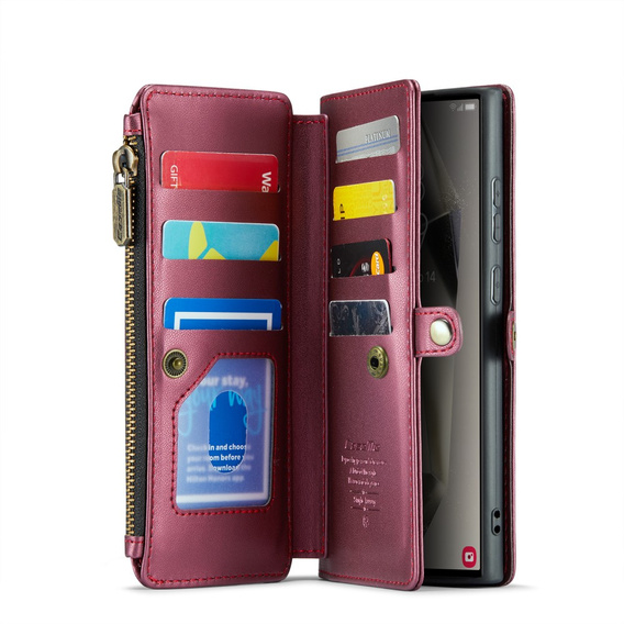 Puzdro CASEME pre Samsung Galaxy S25 Ultra, RFID Leather Wallet, s popruhom cez rameno, červené