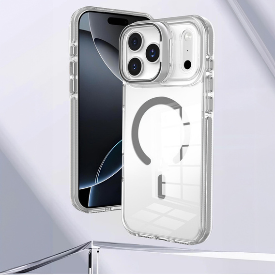 Puzdro pre iPhone 17 Pro, pre MagSafe, so stojanom, priehľadné so sivými vložkami