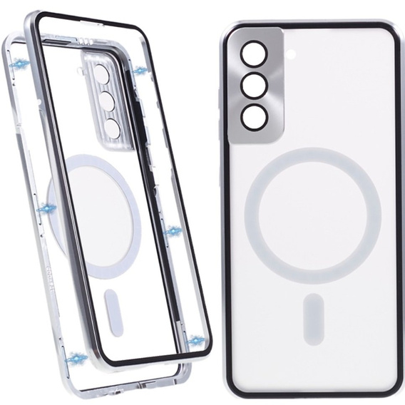 Magnetické puzdro Dual Glass MagSafe pre Samsung Galaxy S22, strieborné