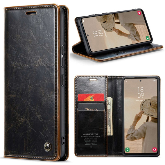 CASEME flipové puzdro pre Samsung Galaxy A53 5G, Waxy Textured, čierna / hnedá