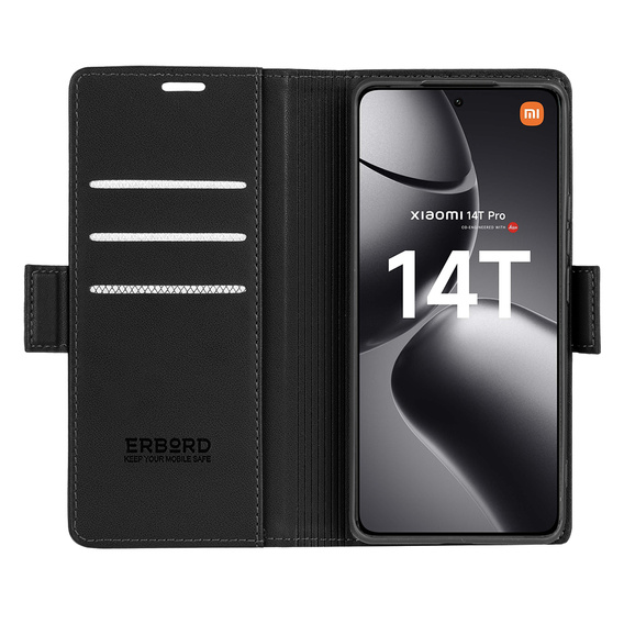 Puzdro pre Xiaomi 14T Pro, ERBORD Glossy Litchi, flipová peňaženka, čierne