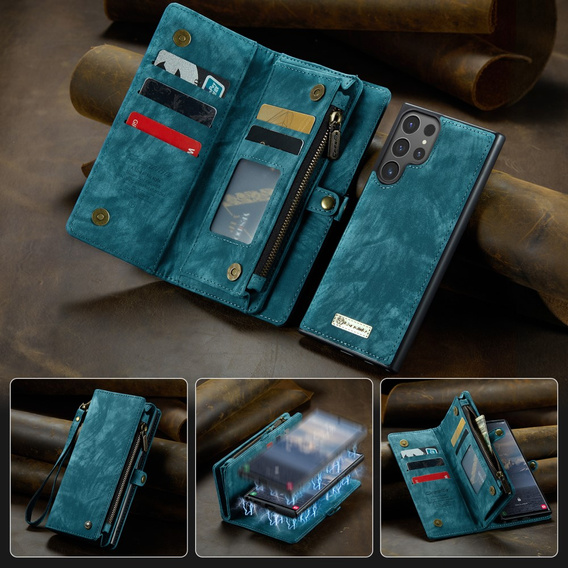 CASEME puzdro pre Samsung Galaxy S25 Ultra, Retro Leather Wallet, s remienkom, zelený