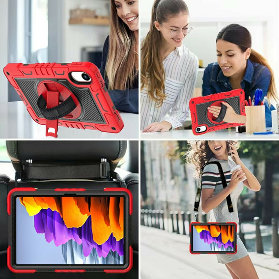 Pevné puzdro na Xiaomi Redmi Pad 2 s podstavcom a ramenným popruhom – červeno-čierne