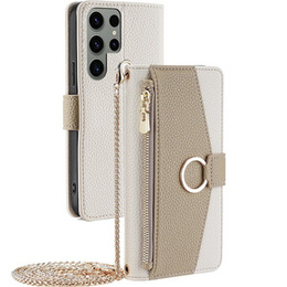 Flipové puzdro pre Samsung Galaxy S23 Ultra, Wallet Zipper Pocket, so zrkadlom, biele