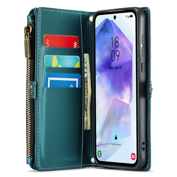 Puzdro CASEME pre Samsung Galaxy A55 5G, RFID Leather Wallet, s popruhom cez rameno, zelený