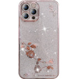 Puzdro pre iPhone 13 Pro Max, Glitter Flower, ružové rose gold