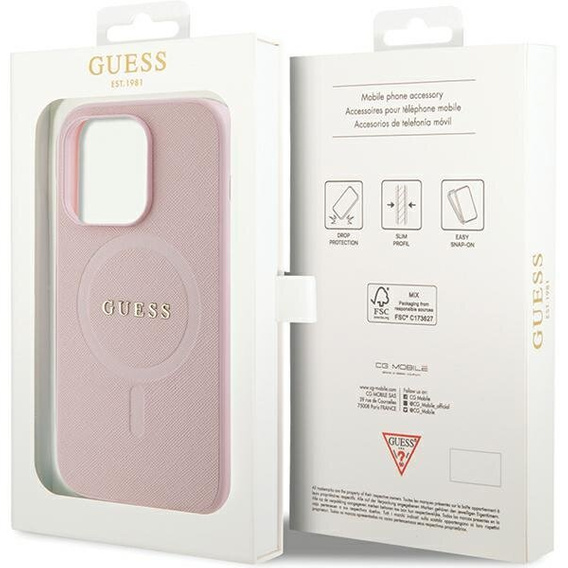 GUESS Obal na mobil pre iPhone 14 Pro, Saffiano MagSafe, ružové