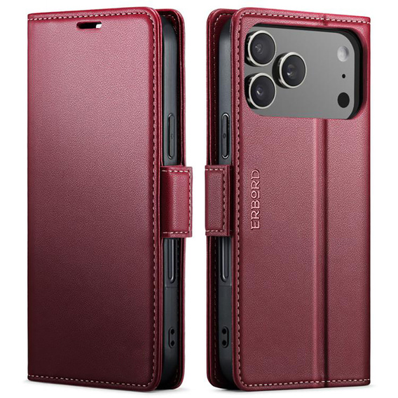 ERBORD Lesklé puzdro Litchi, flipová peňaženka pre iPhone 17 Pro Max