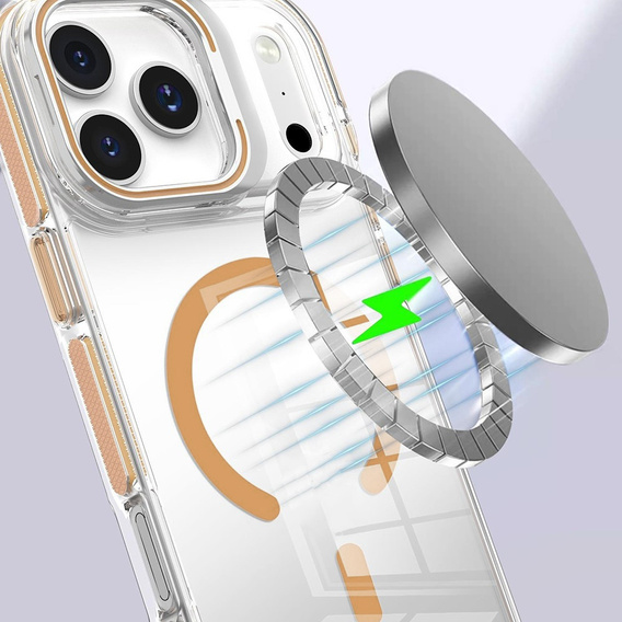 Puzdro pre iPhone 17 Pro Max, pre MagSafe, so stojanom, priehľadné so zlatými vložkami