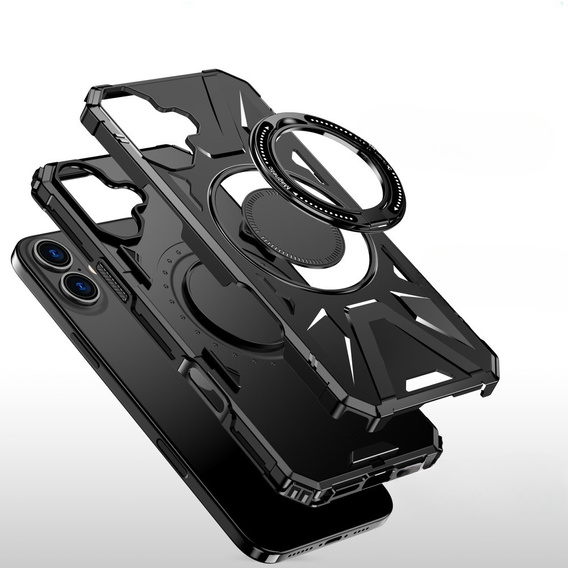 Puzdro pre iPhone 16, pancierované so stojanom a rukoväťou, čierne