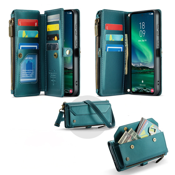 Puzdro CASEME pre Samsung Galaxy S25 FE, RFID Leather Wallet, s popruhom cez rameno, zelený