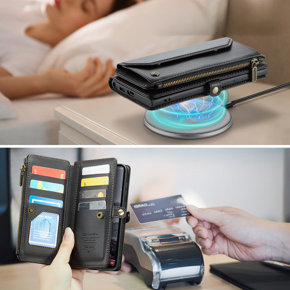 Puzdro CASEME pre Samsung Galaxy S25 FE, RFID Leather Wallet, s popruhom cez rameno, čierne