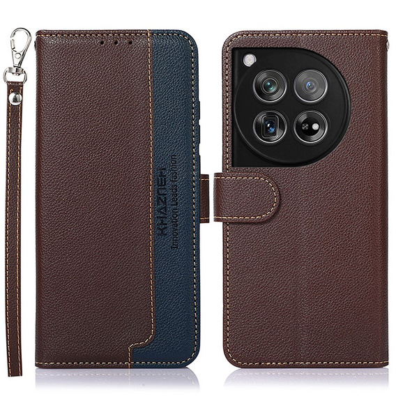Flipové puzdro pre OnePlus 12 5G, KHAZNEH RFID, hnedá / modrá