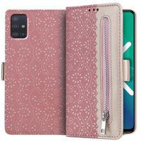 Klapkové puzdro pre Samsung Galaxy A51, Wallet Pocket Zipper Lace, ružové