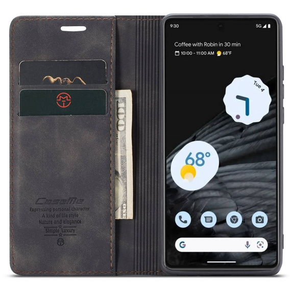 CASEME puzdro pre Google Pixel 7, Leather Wallet Case, čierne