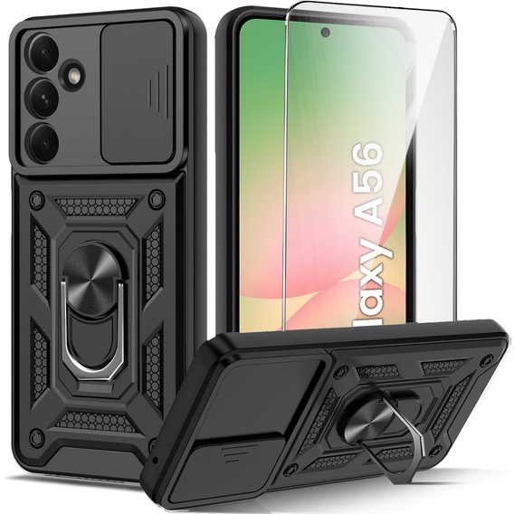 Pancierované puzdro pre Samsung Galaxy A56, CamShield Slide, čierne + tvrdené sklo 9H