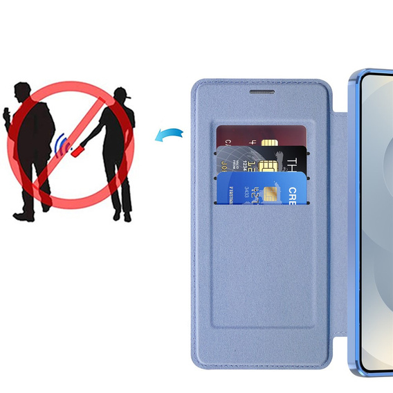 RFID peňaženka MagSafe Flip Case s ochranou fotoaparátu pre Samsung Galaxy S26 Plus, modrá