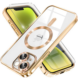 Puzdro pre iPhone 14 Plus, Electro MagSafe, zlaté + sklo na displej