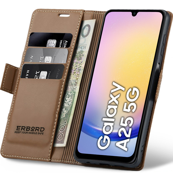 Puzdro pre Samsung Galaxy A25 5G, ERBORD Glossy Litchi, flipová peňaženka, hnedé