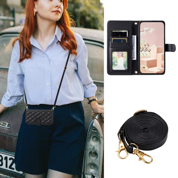 Puzdro s chlopňou pre iPhone 16 Pro Max, Rhombus Crossbody Leather, čierne