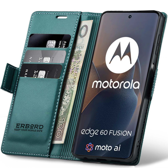 Puzdro pre Motorola Edge 60 / 60 Fusion, ERBORD Glossy Litchi, flipová peňaženka, zelený