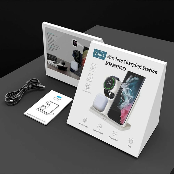 Bezdrôtová indukčná nabíjačka 3 v 1 QI rýchla pre Samsung S25 S24 S23 Galaxy Watch Buds Stanica biela