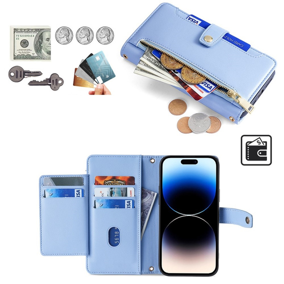 Klapkové puzdro pre iPhone 14 Pro Max, Wallet Zipper Pocket, modré