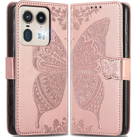 Klapkové puzdro pre Motorola Edge 50 Ultra, Butterfly, ružové rose gold