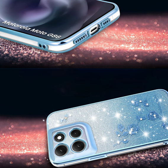 Puzdro pre Motorola Moto G86 5G, Glitter Flower, modré